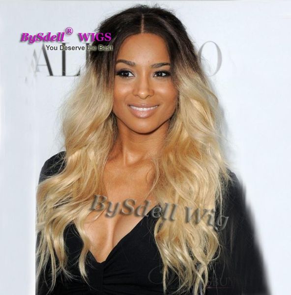 Nouvelle arrivée célébrité Ciara coiffure perruque synthétique Root noir résistant à la chaleur ombre Natural Blonde Color Body Wave Wigs Scalp9884462