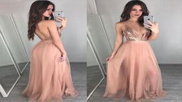 Nouvelle arrivée pas cher Aline robes de bal sexy décolleté en V profond rose tulle longues robes de bal glamour dos nu paillettes robe de soirée 3581881