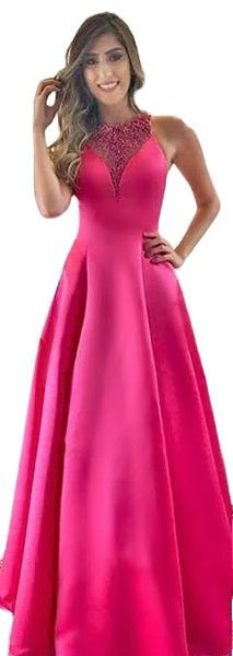 Nouvelle Arrivée Pas Cher Fuchsia Robe De Soirée Une Ligne Perlée Satin Longue Vacances Porter Pageant Robe De Soirée De Bal Sur Mesure Plus La Taille