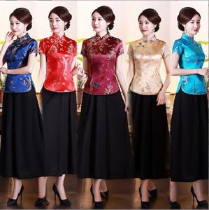 Nieuwe Collectie Chinese Stijl Vrouwen Vintage Satijnen Shirts Borduur Bloem Korte Mouw Tops Lente Zomer Dames Slanke Blouses Jurk Maat S-4XL