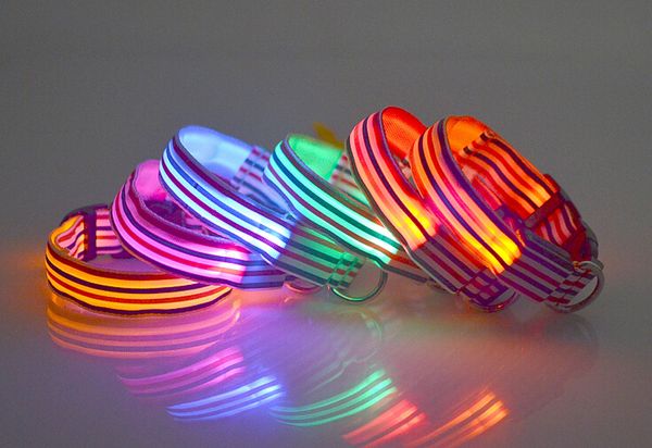Nouvelle arrivée collier de conception à rayures colorées collier LED de sécurité pour chien de compagnie LED s'allume clignotant