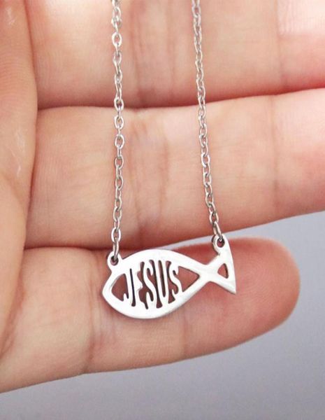 Nouveauté mignon petit poisson en acier inoxydable colliers pendentifs jésus lettre pendentif femmes filles cadeau colliers SN0596192587