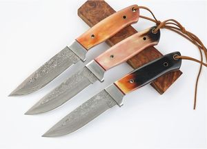 Nieuwe aankomst Damascuss Survival Rechte jachtmes VG10 DAMASCUS Steel Drop Point Blade Cow Horn Handle Vaste Bladen Messen met lederen schede