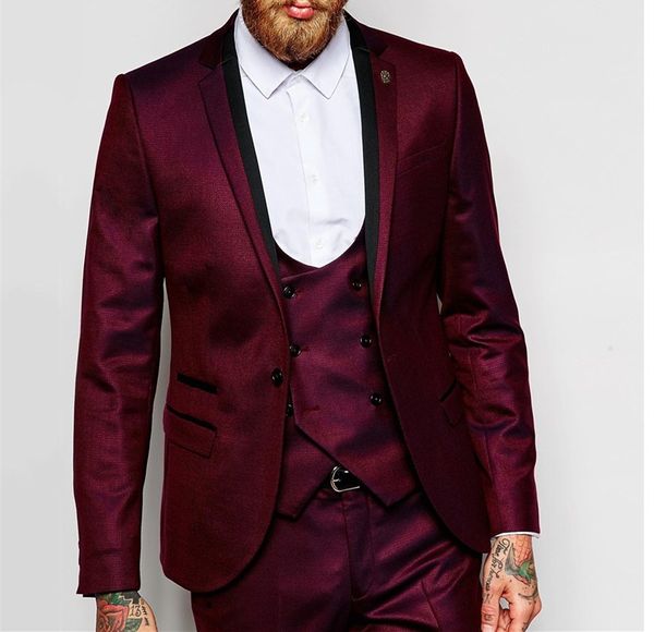 Nouveauté Tuxedos de marié rouge foncé revers cranté un bouton costume de mariage homme hommes dîner d'affaires blazer de bal (veste + pantalon + cravate + gilet) 387