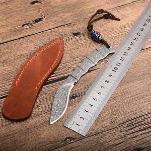 Hondbeenvorm Kleine Damascus Vaste messen Mes VG10-DAMASCUS Steel Blade Volledige Tang Handgreep Messen met leren schede