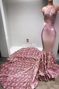 Nieuwe aankomst Dustige roze spaghetti prom -jurken met flora lange trein 2020 kristallen kralen pure top avondjurken zeemeermin formeel PA6538636