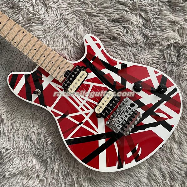 Nouvelle arrivée Eddie Edward Van Halen Franken spécial rayures noires et blanches loup rouge guitare électrique Floyd Rose pont trémolo touche en érable incrustation de points écrou de verrouillage