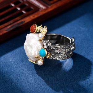 Nieuwe aankomst elegante 925sterling zilveren ring overdreven persoonlijkheid ontworpen 925 zilveren sieraden barokke parel vingerring puur handgemaakte zilveren ring
