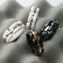 Nieuwe Collectie Mode Dame 316 Titanium Staal Zwart Wit Keramische Bruiloft Verloving 18K Vergulde Smalle Ringen Size6-11173b
