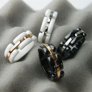 Nieuwe Collectie Mode Dame 316 Titanium Staal Zwart Wit Keramiek Bruiloft Verloving 18K Vergulde Smalle Ringen Size6-11280v