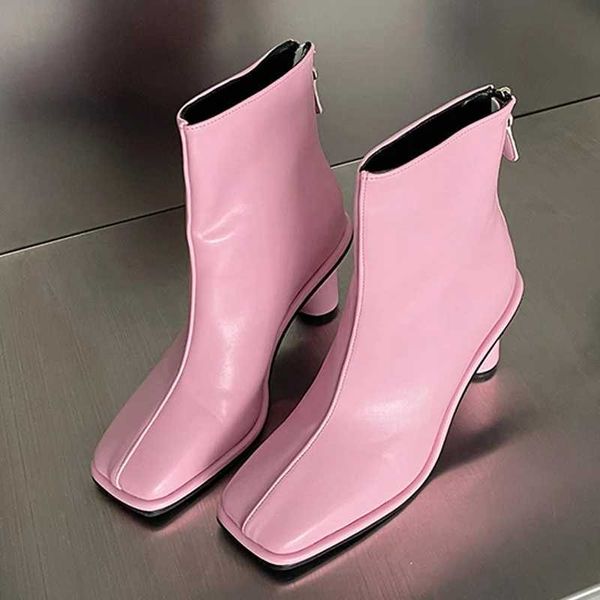 Nueva llegada, botas de cuero rosa a la moda para mujer, punta cuadrada con cremallera, tacones redondos, botines de baile para fiesta, zapatos de invierno para mujer