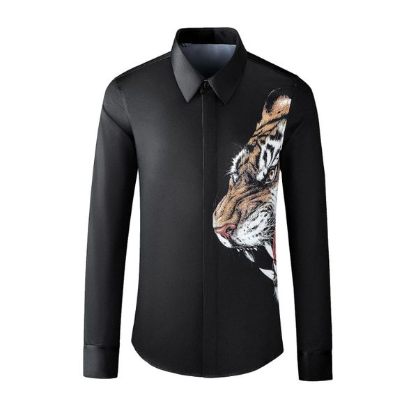 Nouveauté mode printemps tigre imprimé à manches longues hommes chemise à la mode marque hommes vêtements haute qualité taille MLXL2XL3XL4XL