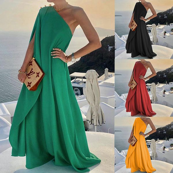 Nouveauté mode femmes robe d'été élégant couleur unie une épaule robes longues femmes robe Maxi ample