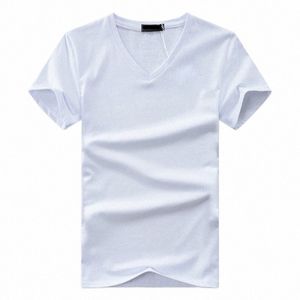 Nouveauté Fin Hommes T-shirt Cott À Manches Courtes Col En V Solide T-shirt D'été Plus La Taille Vêtements T-shirt Occasionnel Chemise Homme Tops R6Aa #