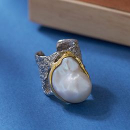 NIEUWE AANKRIJVING VLACHTE 925STERLING ZILVEREN RING overdreven persoonlijkheid ontworpen 925 zilveren sieraden barokke parel vingerring puur handgemaakte zilveren ring