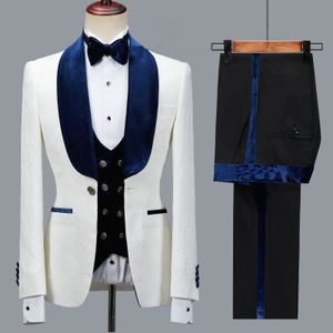 Recién llegado, traje Floral para hombre, esmoquin de boda ajustado, azul marino, solapa de terciopelo, trajes de fiesta para novio, traje para hombre, Blazer para padrino