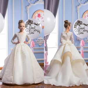 Nouvelle arrivée robes de filles de fleur manches longues avec perles perles robes de première communion col en V dentelle robe de bal filles Pageant robes283E