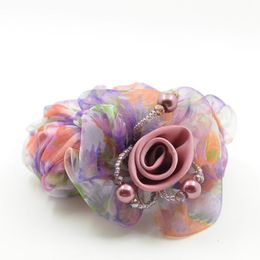 Nieuwe aankomst bloem lint kristal elastische rubberen garen gesimuleerde-parelbanden houder haaraccessoires