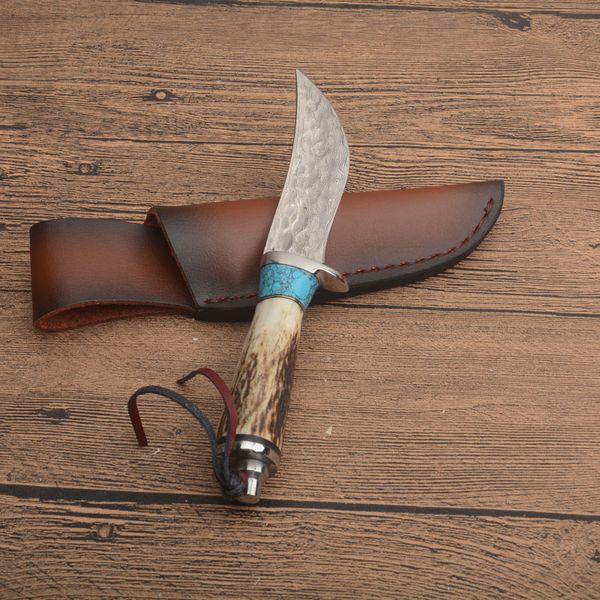 Nouveauté G7203 Damscus lame fixe couteau de chasse manche en corne de cerf Camping en plein air randonnée pêche chasse survie couteaux droits avec gaine en cuir