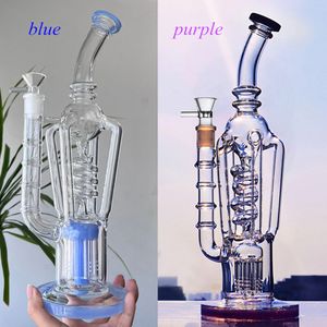 Azul Púrpura Bongs de vidrio grueso Reciclador embriagador Plataformas petrolíferas Hookah Dabbers Tubos de agua de vidrio 14 mm Difusor conjunto Perc Shisha Pipe