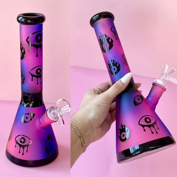 Narguilé en verre sablé de 10 pouces de haut, bécher arc-en-ciel violet, bong barboteur avec yeux, tuyau de tabac enivrant, plates-formes pétrolières, conduites d'eau avec joint de 14 mm