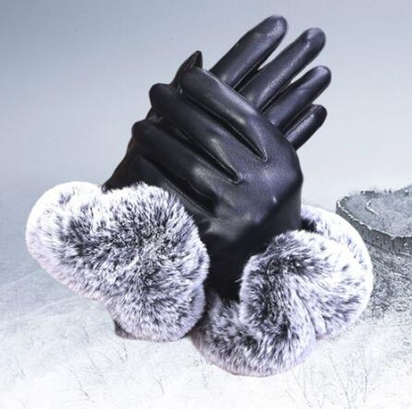 Nouveauté gants femmes dame noir gants en cuir automne hiver chaud mitaines en fourrure de lapin guantes mujer GB1329