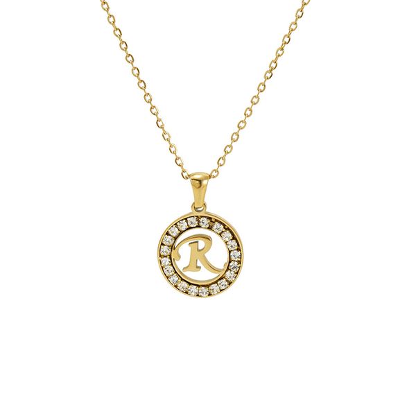 Nueva llegada de oro 26 letras iniciales mayúsculas de la A a la Z Alfabeto colgante de acero inoxidable Nombre personalizado personalizado collar de cadena de dijes redondos con piedras de cristal