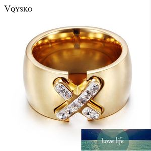 Nueva llegada anillo de color dorado Bijoux 14mm Ancho grande Pave Ajuste CZ Cross X Ring para mujeres de moda Joyería de moda Wholesale Regalo Fábrica Precio de fábrica Diseño de expertos Calidad