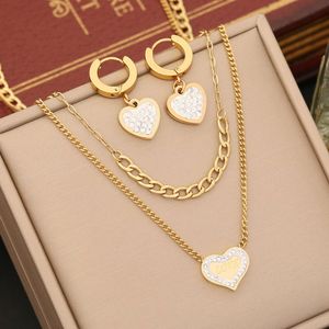 Nouveauté plaqué or en acier inoxydable diamant amour collier coeur boucles d'oreilles ensemble de bijoux pour les femmes