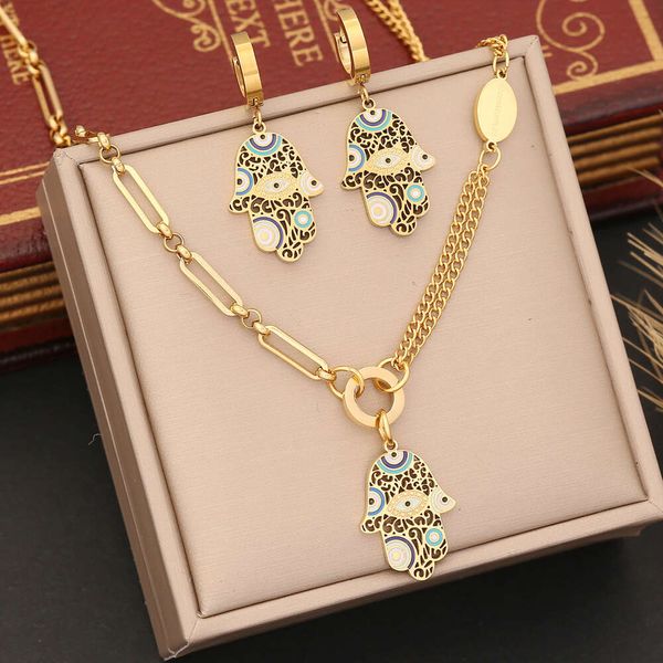 Nueva llegada chapado en oro de acero inoxidable Lucky Hamsa mano pendiente pulsera collar conjunto de joyería para mujer