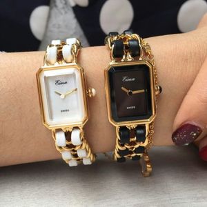 Nieuwe collectie gouden horloge vrouwen jurk luxe roestvrijstalen ketting met lederen mode dame armband quartz polshorloges275y
