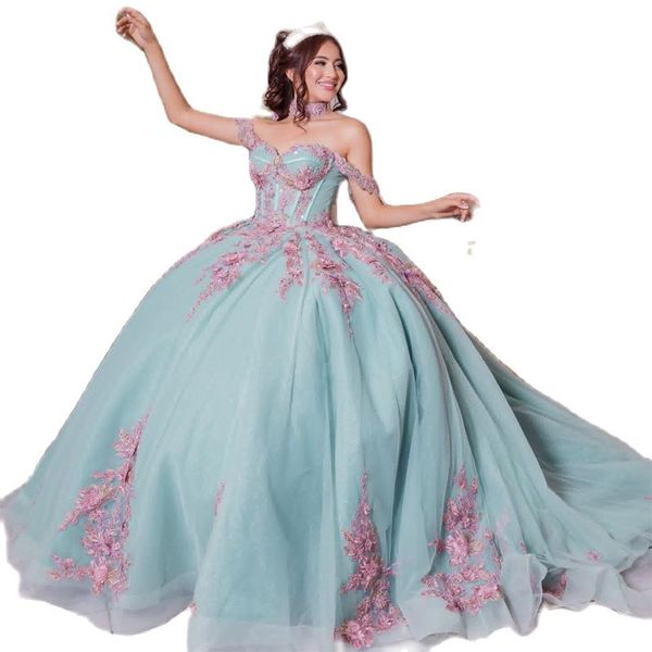 Nouvelle arrivée Green Quinceanera Robes Pink 3D Flower Appliques Sweet 15 Robes Off the épaule Vestidos de perle 16 Robe de fête d'anniversaire 326