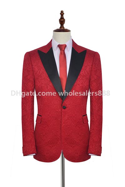 Nouvelle Arrivée Garçons D'honneur Rouge Motif Groom Tuxedos Peak Satin Revers Hommes Costumes Side Vent Mariage / Bal Meilleur Homme (Veste + Pantalon + Cravate) K983