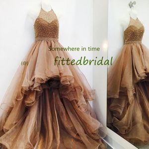 Nieuwe aankomst Halter Organza Prom Jurken Mouwloze Custom Made Hi-Lo Avondjurken Robe de Soirée