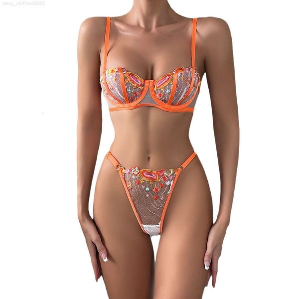 Nueva llegada de alto nivel bordado mujeres lencería de encaje sexy ropa interior naranja sexy