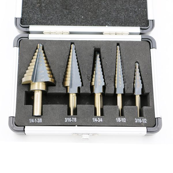 Nueva llegada de alta calidad 5pcs / Set HSS COBALT MULTIPLE HOLE 50 Tamaños STEP DRILL BIT SET w Caja de aluminio