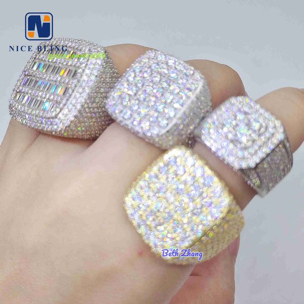 Nueva llegada anillos de hip hop vvs moissanite hombres anillos helados 925 plata forma cuadrada baguette anillos de compromiso de diamantes anillos de moda