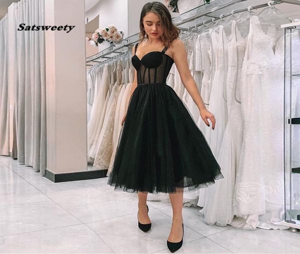 Nouveauté Illusion robe De bal noire Spaghetti sangle à pois Tulle longueur De thé robes De soirée formelles robe courte De Festa4428652