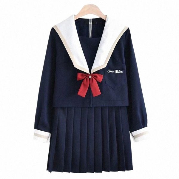 Nouvelle arrivée JK Uniforme Set broderie mignon étudiant japonais col marin Lg-manches Blouse Bow jupe plissée couleur bleu marine l0FK #