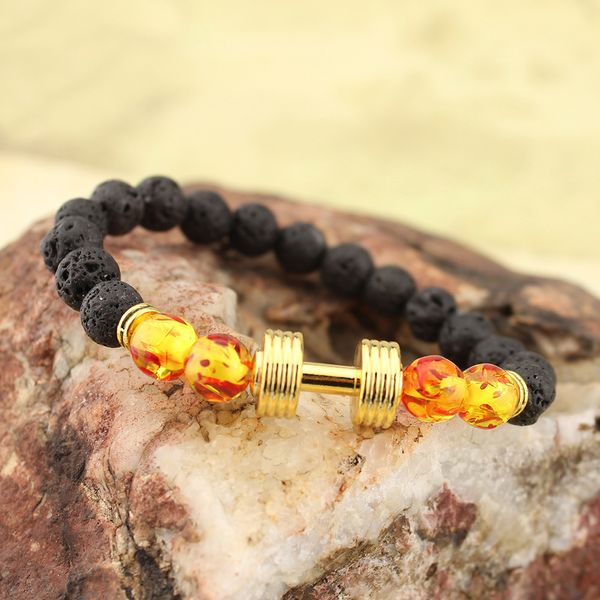 Nouvelle arrivée Lava Rock Perles Bracelets avec or haltère ambre lampwork perles de verre extensible bracelet pour femmes hommes bijoux de mode