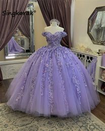 Nieuwe aankomst lavendel Quinceanera Dresses Ball Sparkly Bead Pargin Flower Applique Birthday Party Jurk Sweet 16th Prom Jurk