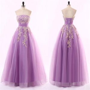 nieuwe collectie lila prom dress lange avondjurken feestjurken strapless mouwloos korset formele jurk met kralen kant applique fl285j