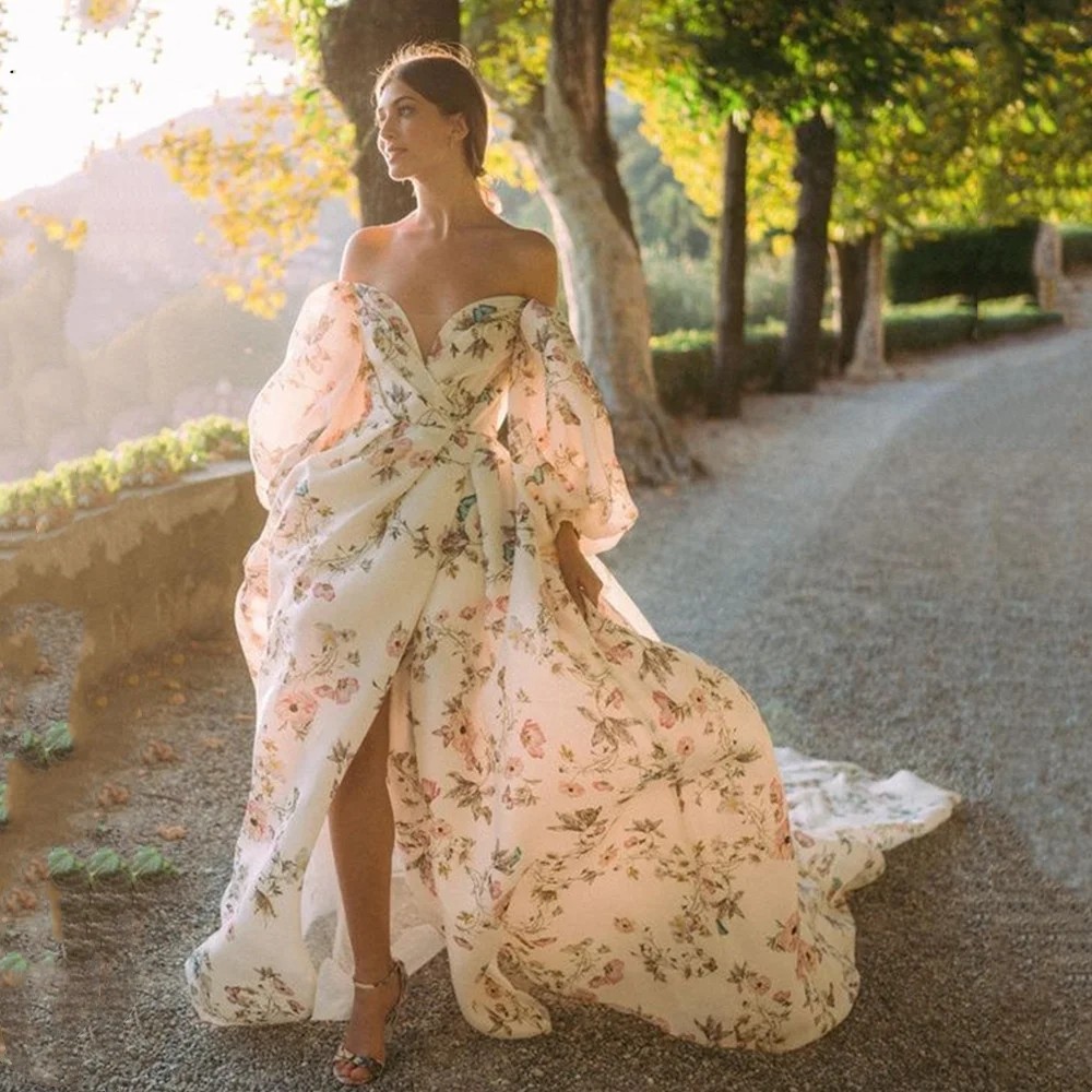 Nueva llegada Vestido largo de fiesta de graduación 2024 Fuera del hombro Mangas hinchadas Estampado de flores Con cordones Vestido formal de fiesta de graduación para mujer Robe De Soiree