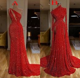 Nouvelle arrivée à manches longues rouge sirène robes de bal une épaule paillettes haut côté fendu longueur de plancher plis formelles robes de soirée robe7410733