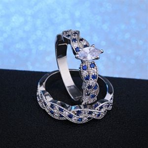 Nueva llegada de lujo 2 unids/set clásico Marquesa corte plateado diamante CZ compromiso anillo de boda conjunto joyería