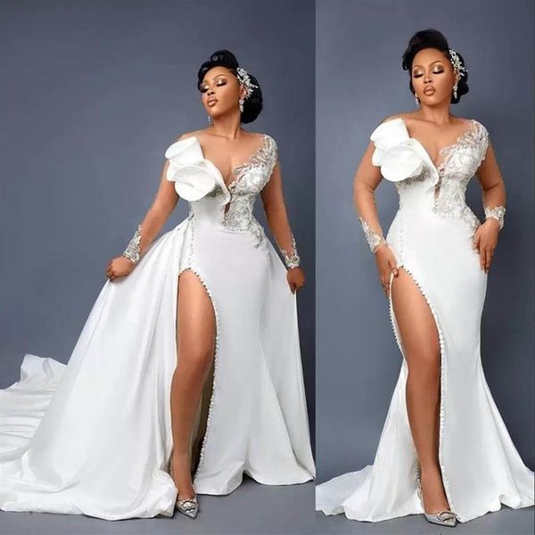 Robes de mariée sirène de luxe en cristal, grande taille, avec manches longues, fendues, robes de concours sexy pour femmes, nouvelle collection, 275j