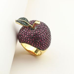 New arrival Luxury Yellow Gold apple rings for women big rings prong setting rose red and green Cubic Zirconia for party famale ring