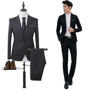 Nieuwe Collectie Heren Casual Single Breasted Slim Fit Tuxedo Suit Blazer + Pant 2 stks Solid Wedding Set Male 8 Colors M-5XL X0909