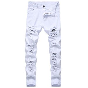 Nouvelle Arrivée Hommes Coton Déchiré Trou Jeans Casual Slim Skinny Blanc Jeans hommes Pantalons De Mode Stretch hip hop Denim Pantalon Mâle 201111