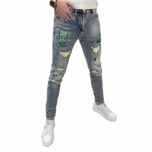 Jeans de marque pour hommes Kpop Style Tiger Broderie Ripped Korean Luxe Streetwear Slim Cowboy Stretch Denim Pantalon m9eJ #